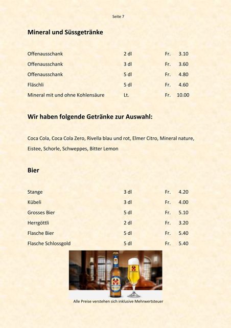 Mineral, Süssgetränke und Bier